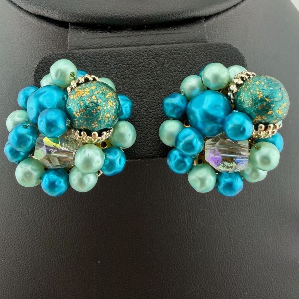 Vintage Japan Clip On Earrings Turquoise Blue Faux Pearl Cluster Gold Tone
